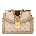 Gucci GG Supreme Monogram Textured Dollar Calfskin Web Mini Ophidia Padlock Top Handle Chain Shoulder Bag Beige Mystic White Oatmeal
