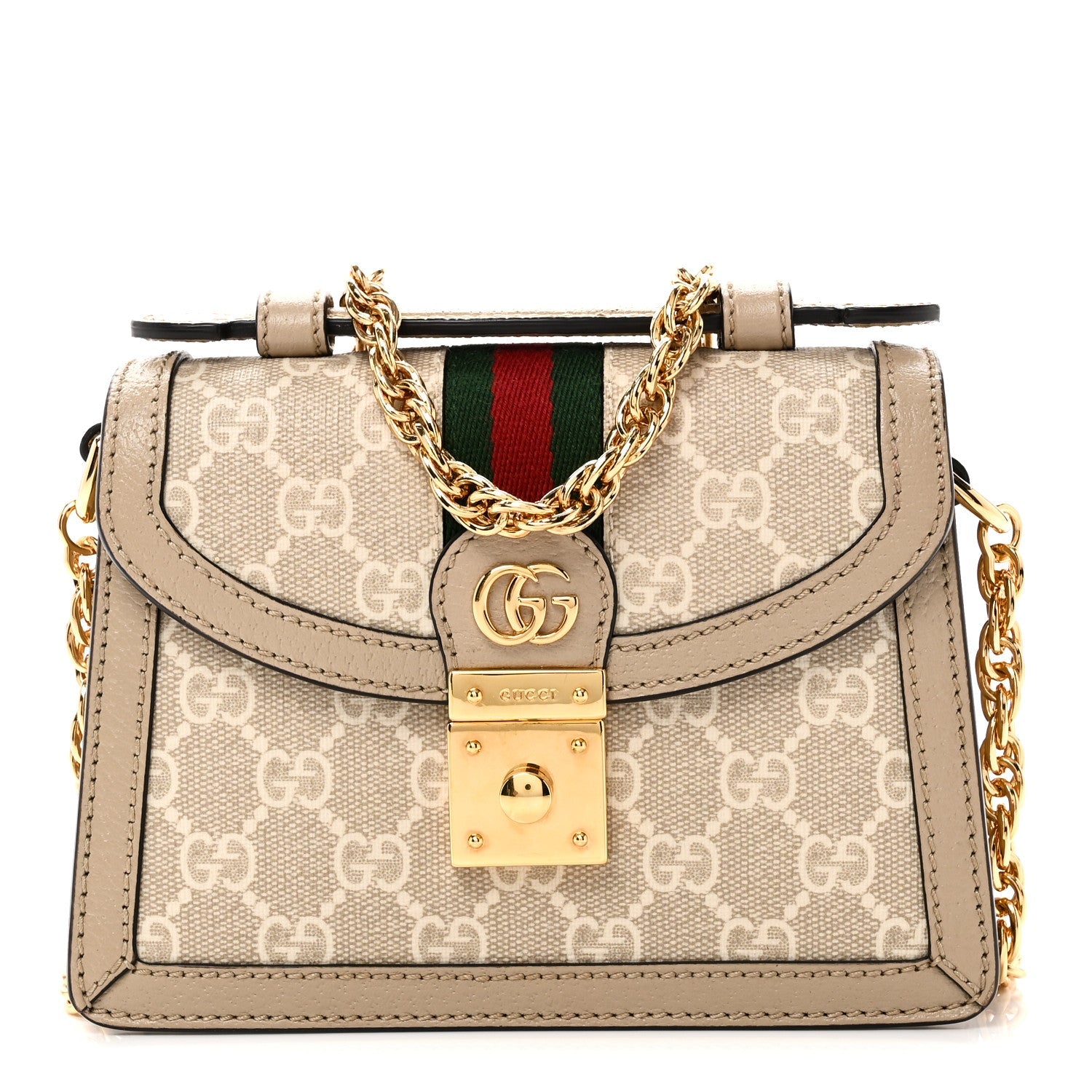 Gucci GG Supreme Monogram Textured Dollar Calfskin Web Mini Ophidia Padlock Top Handle Chain Shoulder Bag Beige Mystic White Oatmeal