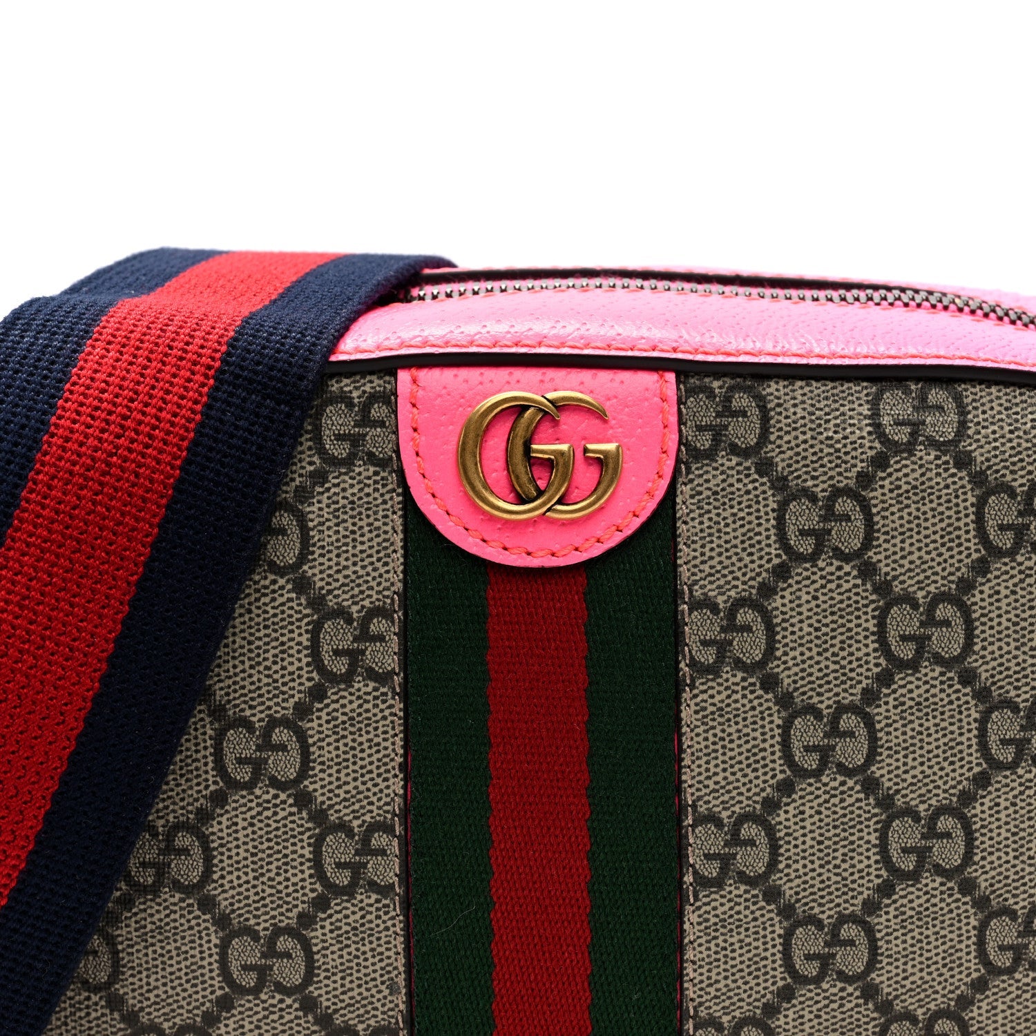 Gucci GG Supreme Monogram Textured Dollar Calfskin Web Ophidia Small Crossbody Bag Beige Ebony Fuchsia