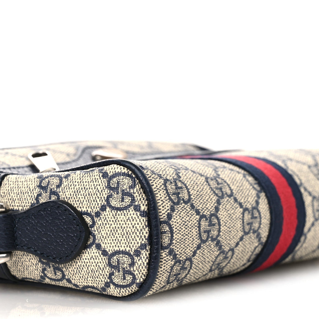 Gucci GG Supreme Monogram Textured Dollar Calfskin Web Mini Ophidia Shoulder Bag Beige Blue