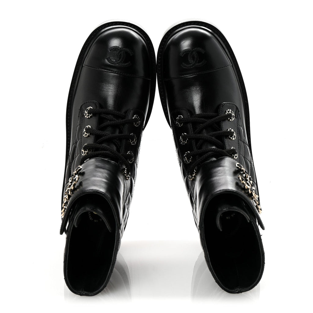 Chanel Shiny Lambskin Quilted Lace Up Combat Boots 39 Black