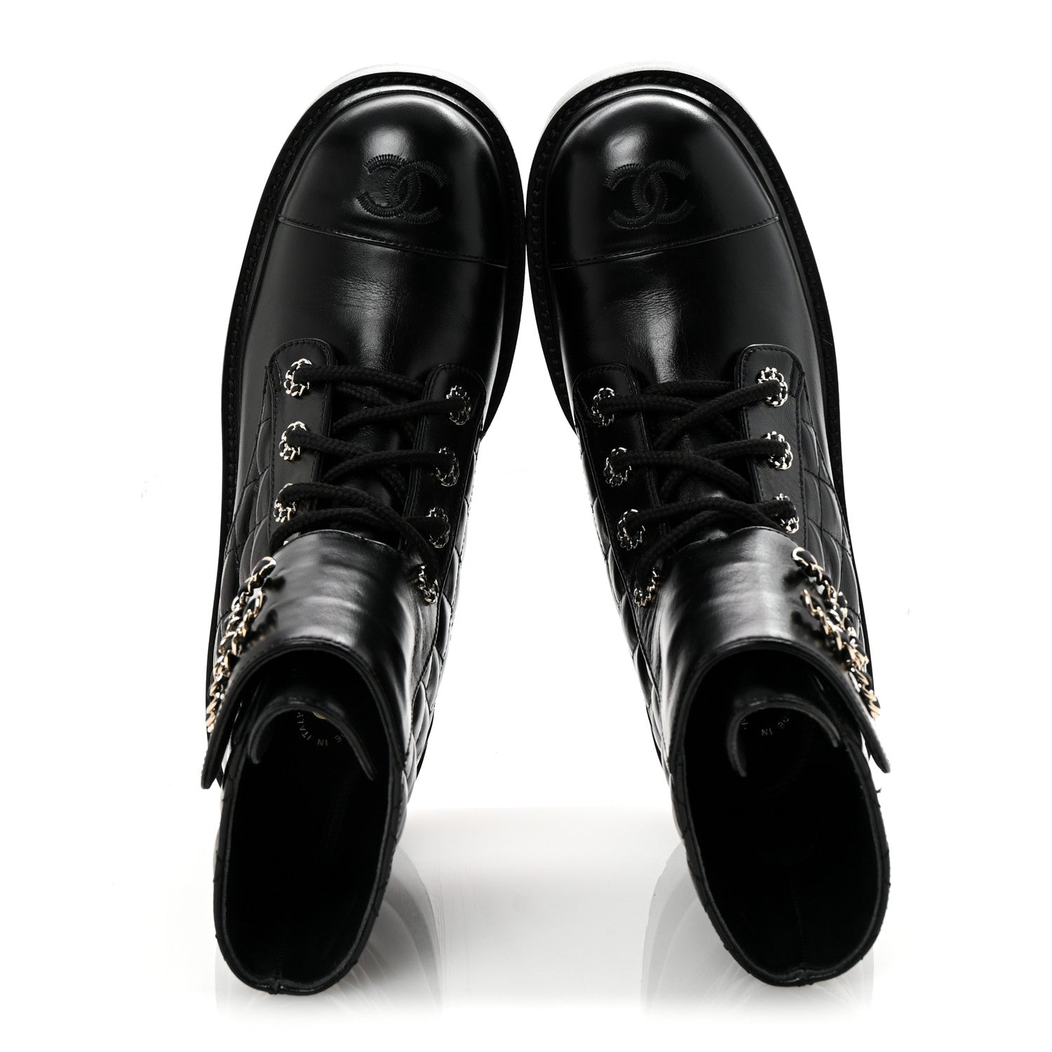 Chanel Shiny Lambskin Quilted Lace Up Combat Boots 39 Black