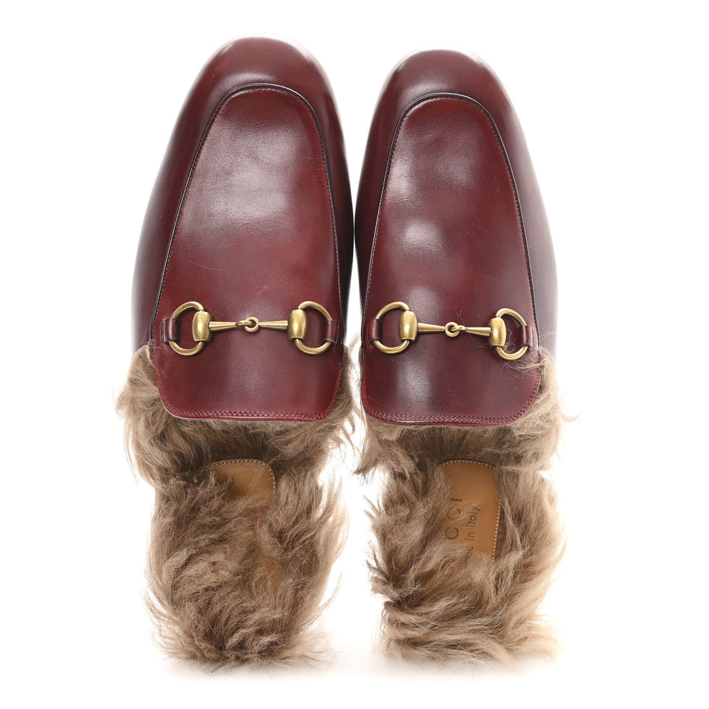 Gucci etis Glamour Calfskin Granada Kid Fur Mens Princetown Slippers 8.5 Ruby Bordeaux Naturale