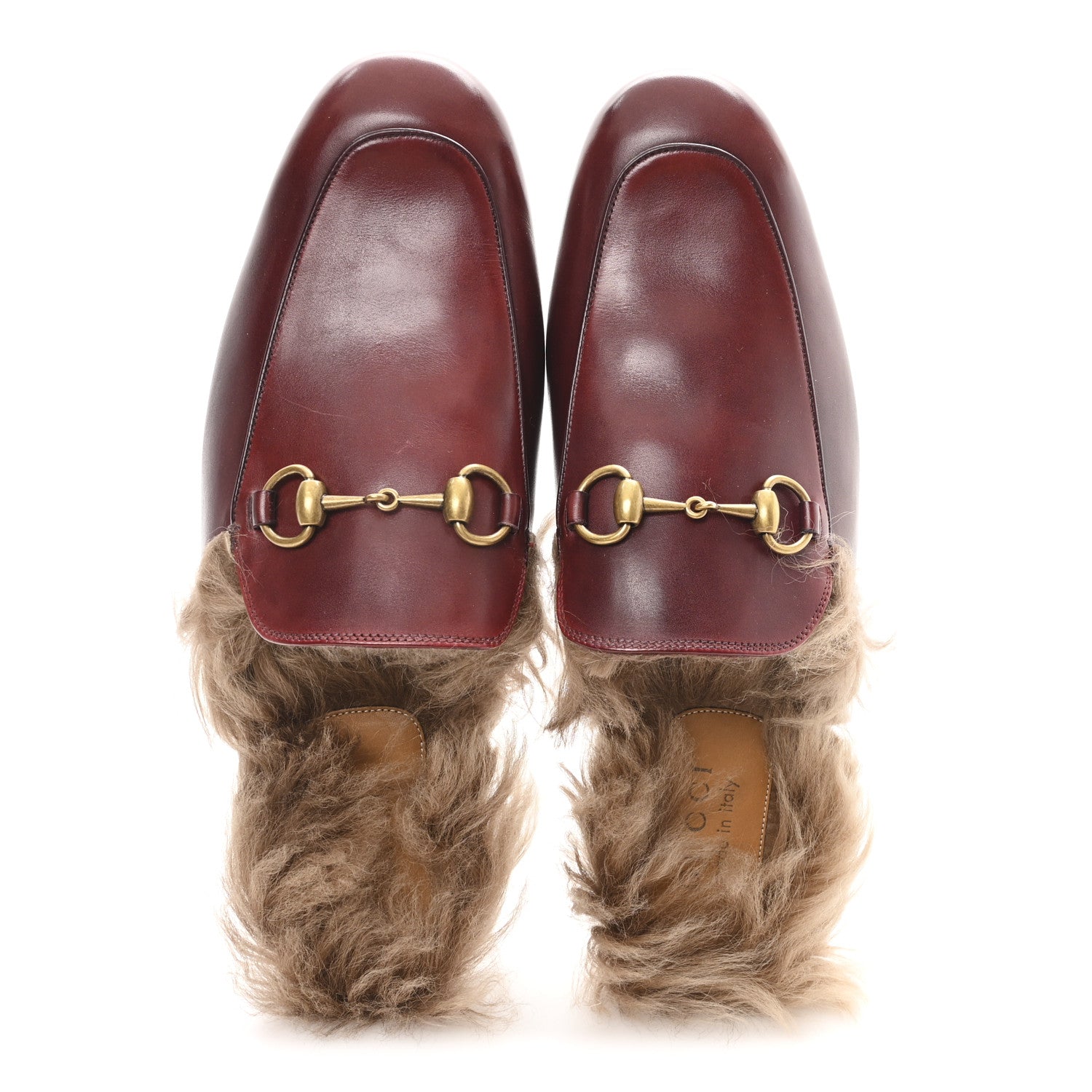 Gucci etis Glamour Calfskin Granada Kid Fur Mens Princetown Slippers 8.5 Ruby Bordeaux Naturale