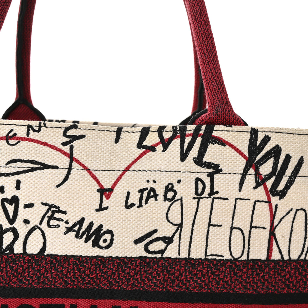 Christian Dior Canvas Embroidered Medium Dioramour Graffiti Book Tote Latte Multicolor