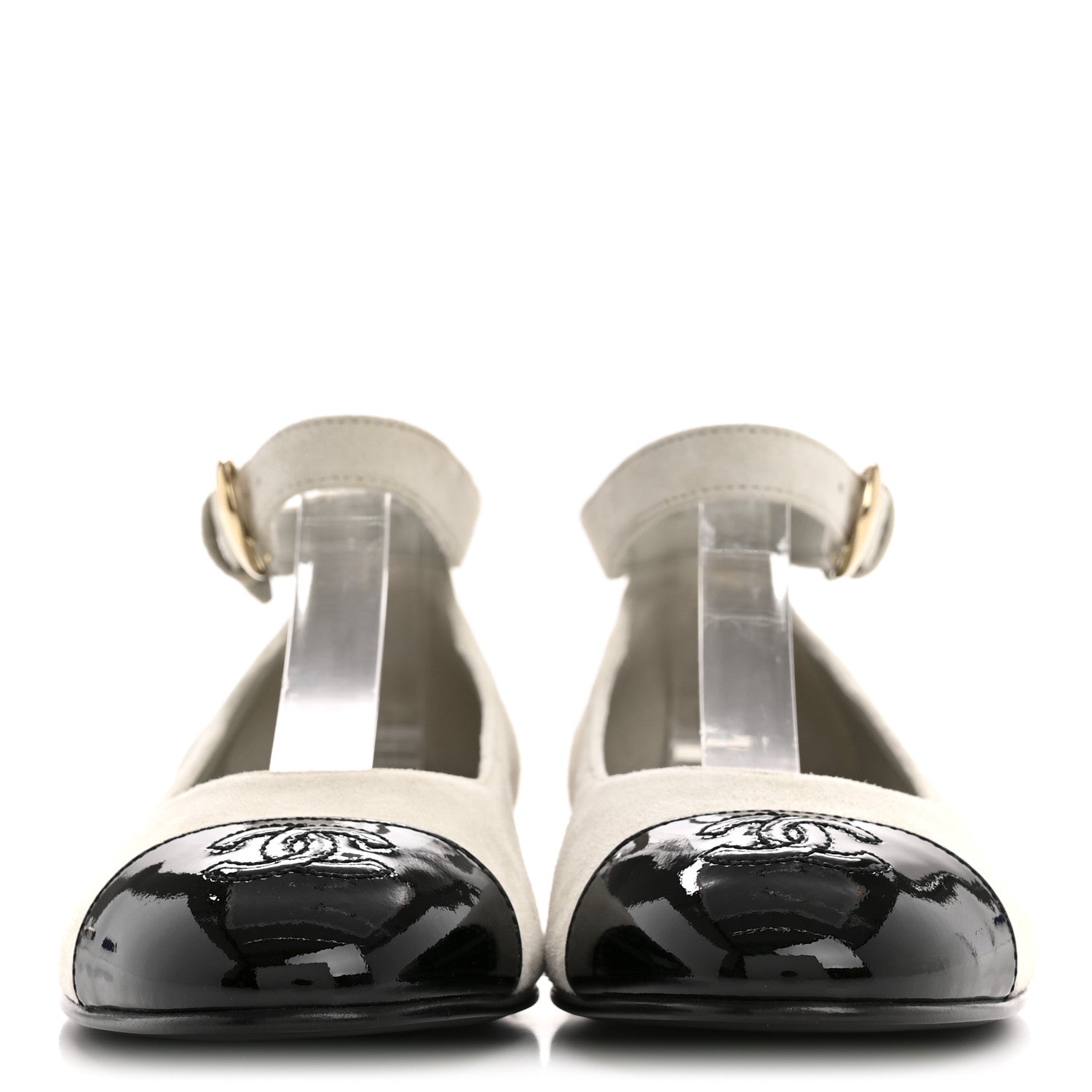 Chanel Suede Calfskin Patent Calfskin Cap Toe CC Mary Jane Flats 36.5 Light Gray Black