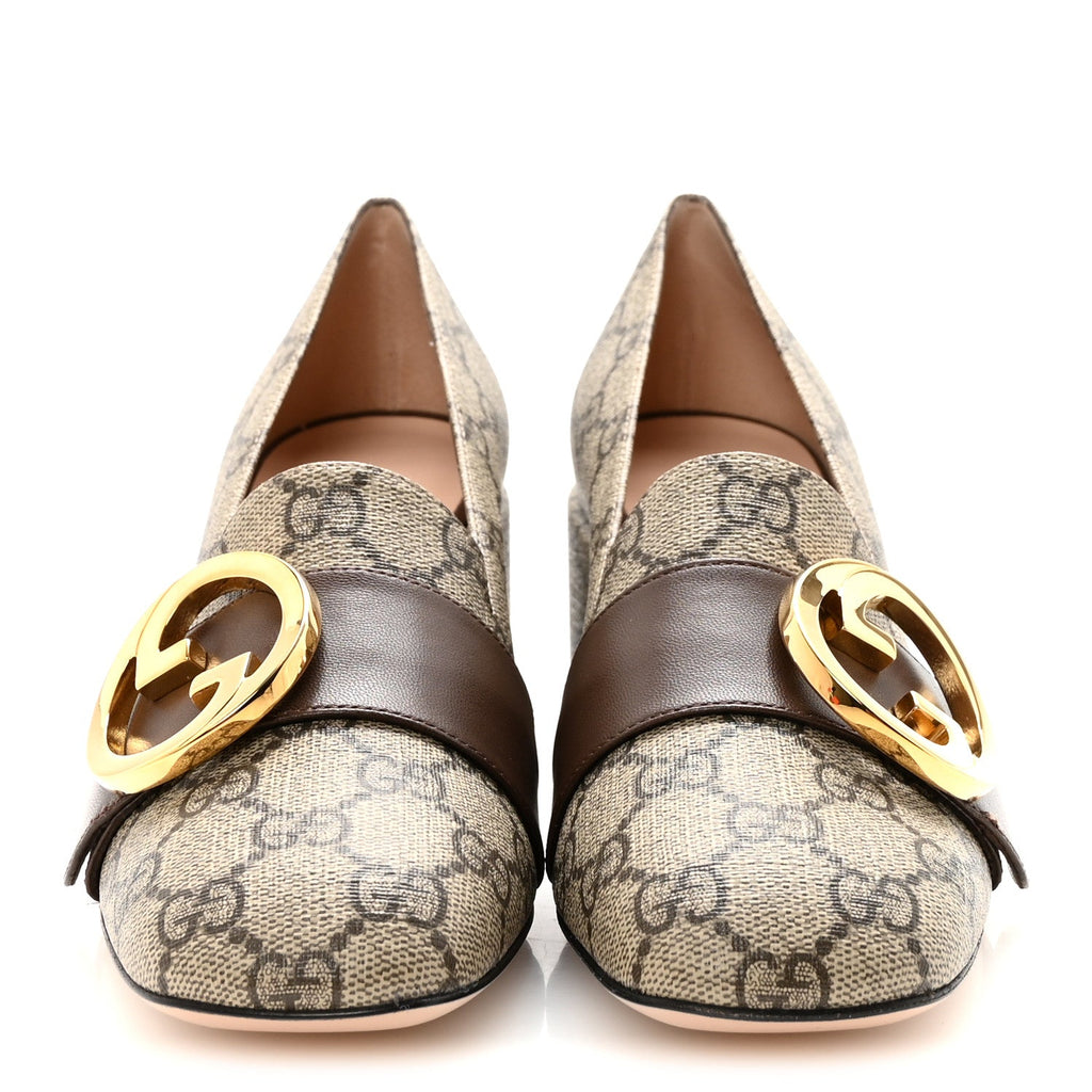 Gucci GG Supreme Monogram Malaga Kid Blondie Pumps 35.5 Beige Ebony New Acero