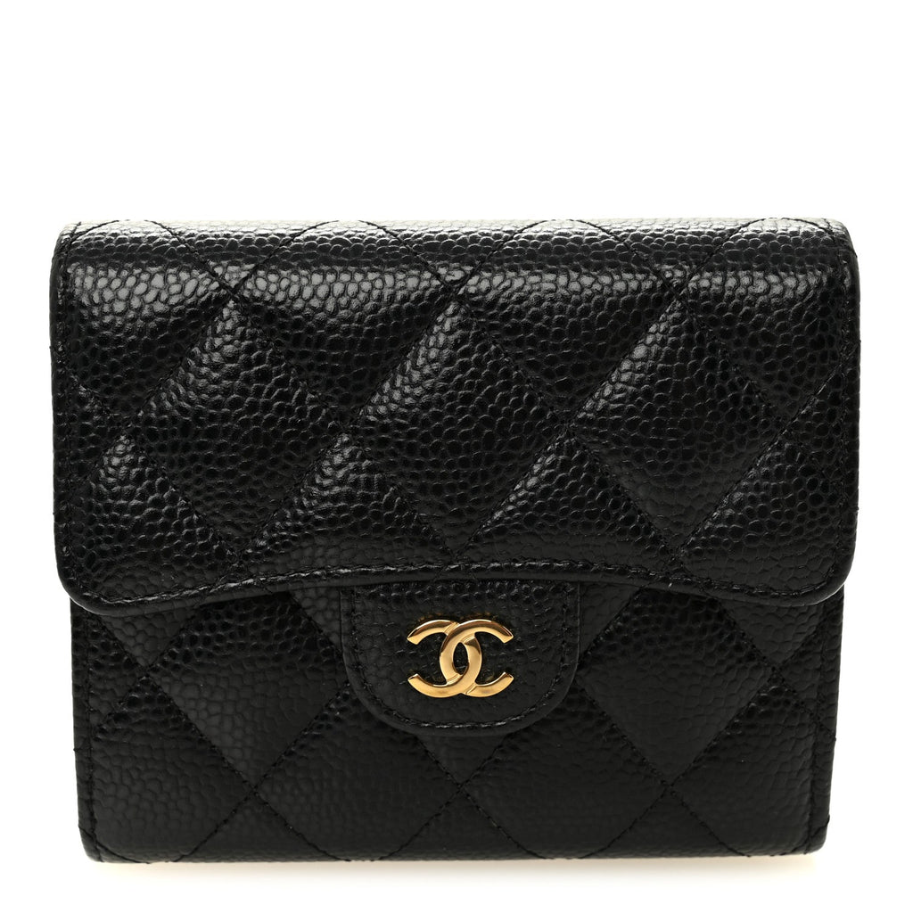 Caviar Quilted Compact Flap Wallet Black
