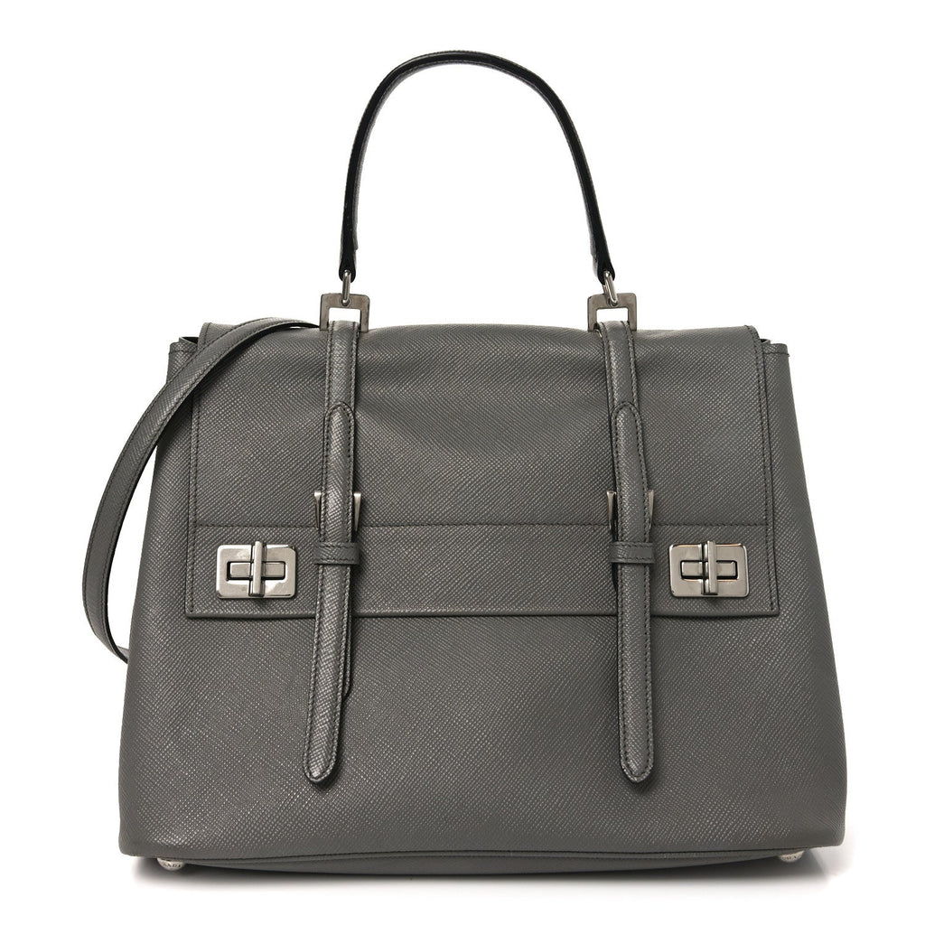 Prada Saffiano Cuir Convertible Top Handle Tote Marmo