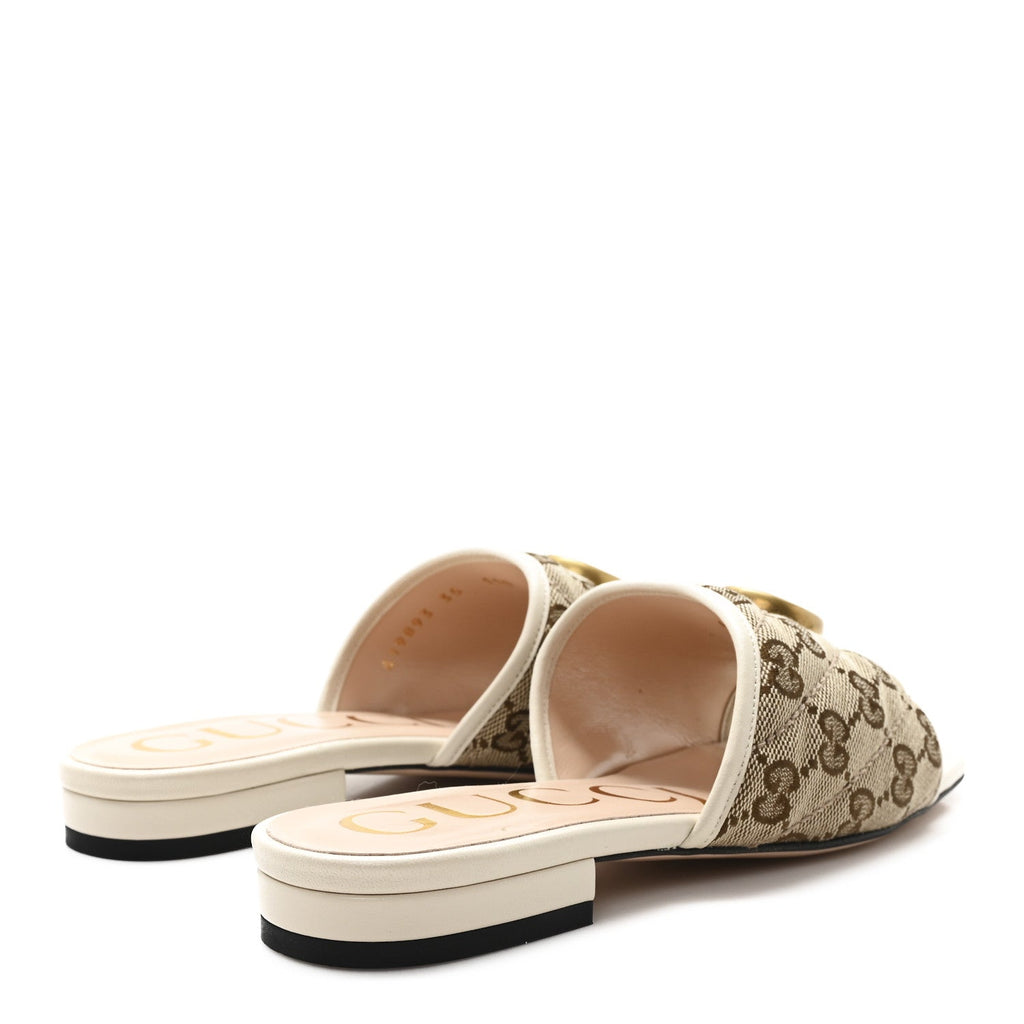 Gucci Monogram Matelasse Diagonal GG Marmont Flat Slide Sandals  35 Beige Ebony Mystic White