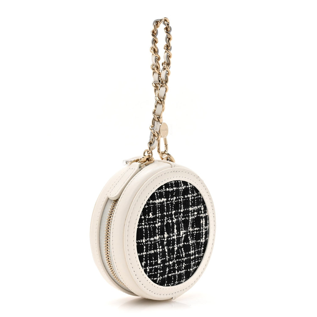 Chanel Tweed Quilted Round Filigree Pouch With Chain White Black