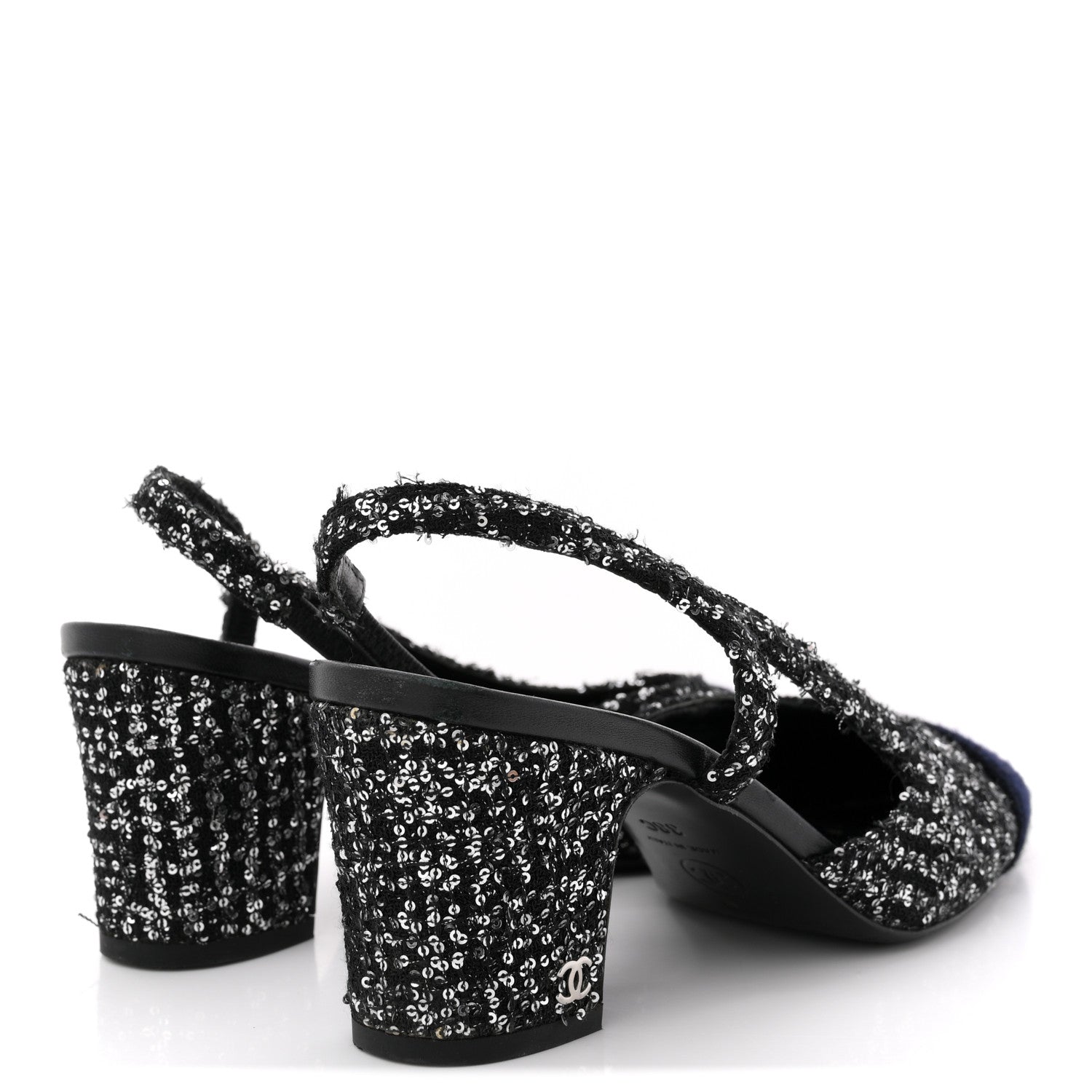 Chanel Tweed Sequin Cap Toe CC Slingback Pumps 38 Black White Silver