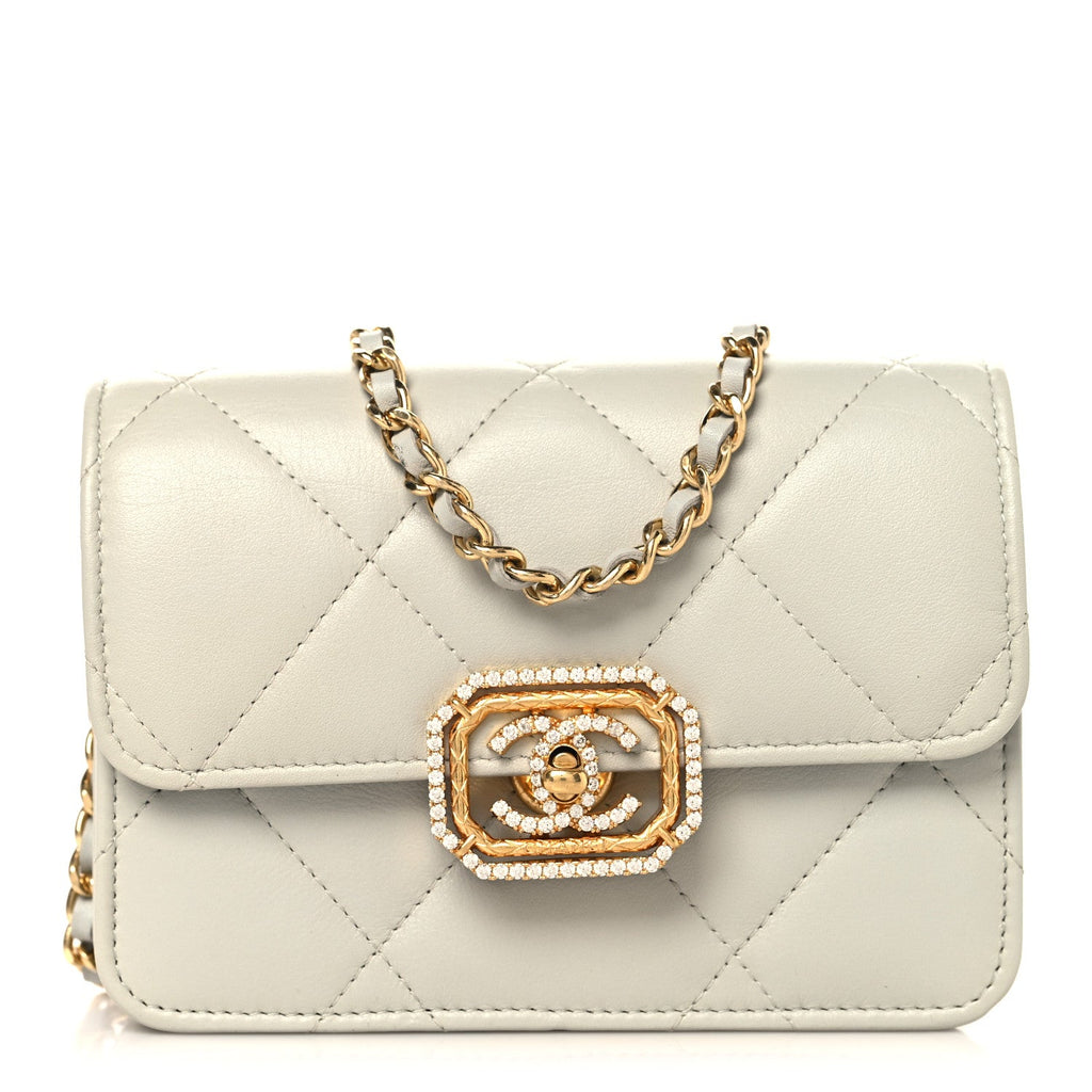 Chanel Calfskin Strass Quilted Clutch With Chain Flap Light Grey