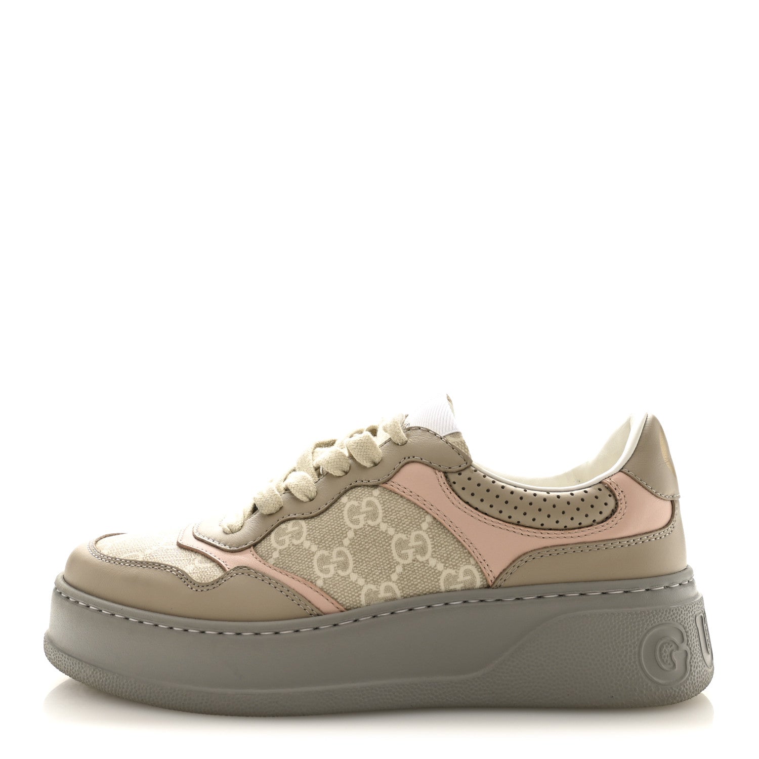 Gucci Calfskin GG Supreme Monogram Perforated Womens Platform 55mm Sneakers 37 Apricot Pink Beige Grey