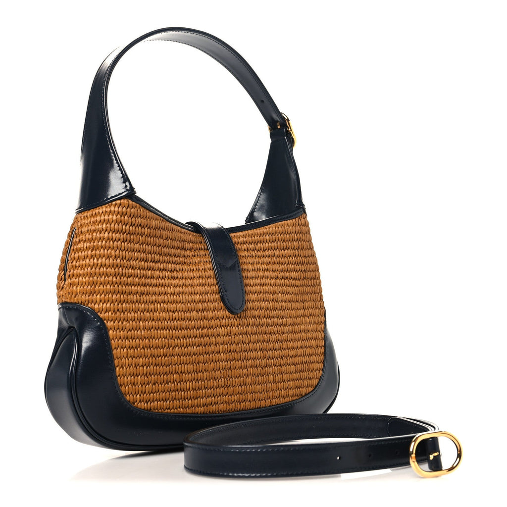 Gucci Straw Lux Boarded Dyana Lux Calfskin Small Jackie 1961 Hobo Dark Natural Blue