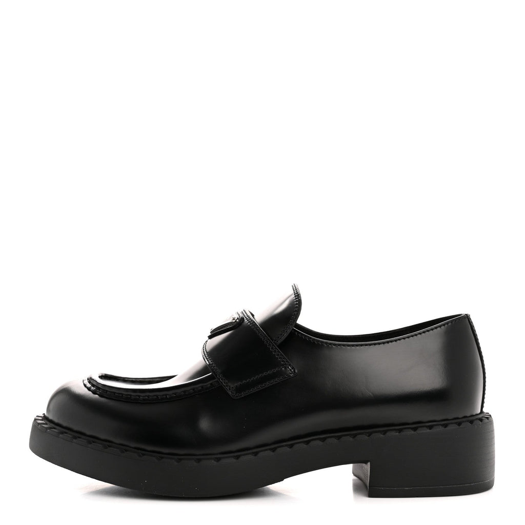 Prada Spazzolato Metal Triangle Logo 50mm Loafers 40.5 Black