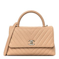 Chanel Caviar Chevron Quilted Small Coco Handle Flap Beige
