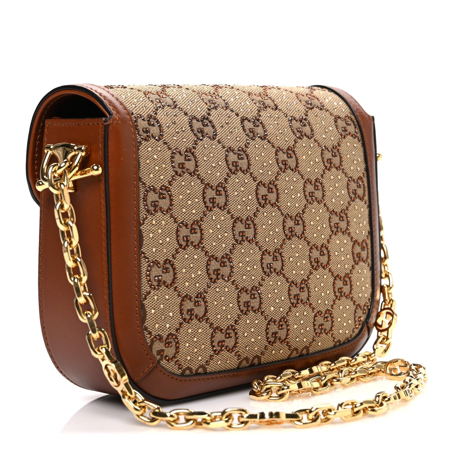Gucci New Canvas Charisma Calfskin Crystal GG Monogram Mini Horsebit 1955 Shoulder Bag Camel Ebony