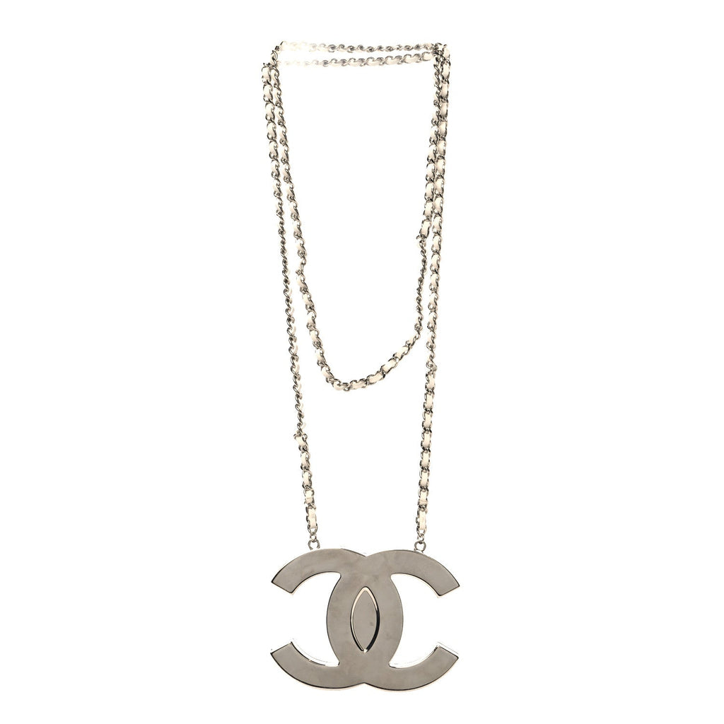 Chanel Metal Lambskin CC Mirror Crossbody Necklace Silver White