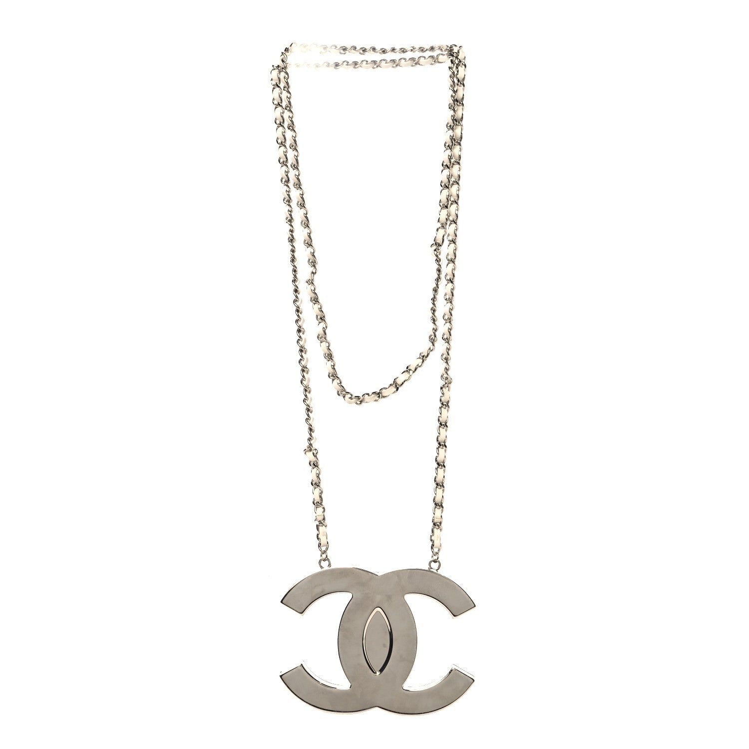 Chanel Metal Lambskin CC Mirror Crossbody Necklace Silver White