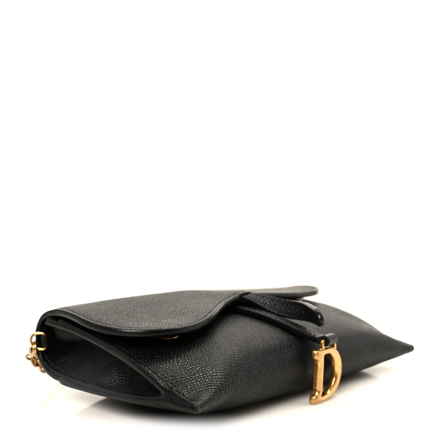 Christian Dior Grained Calfskin Saddle Chain Wallet Pouch Black
