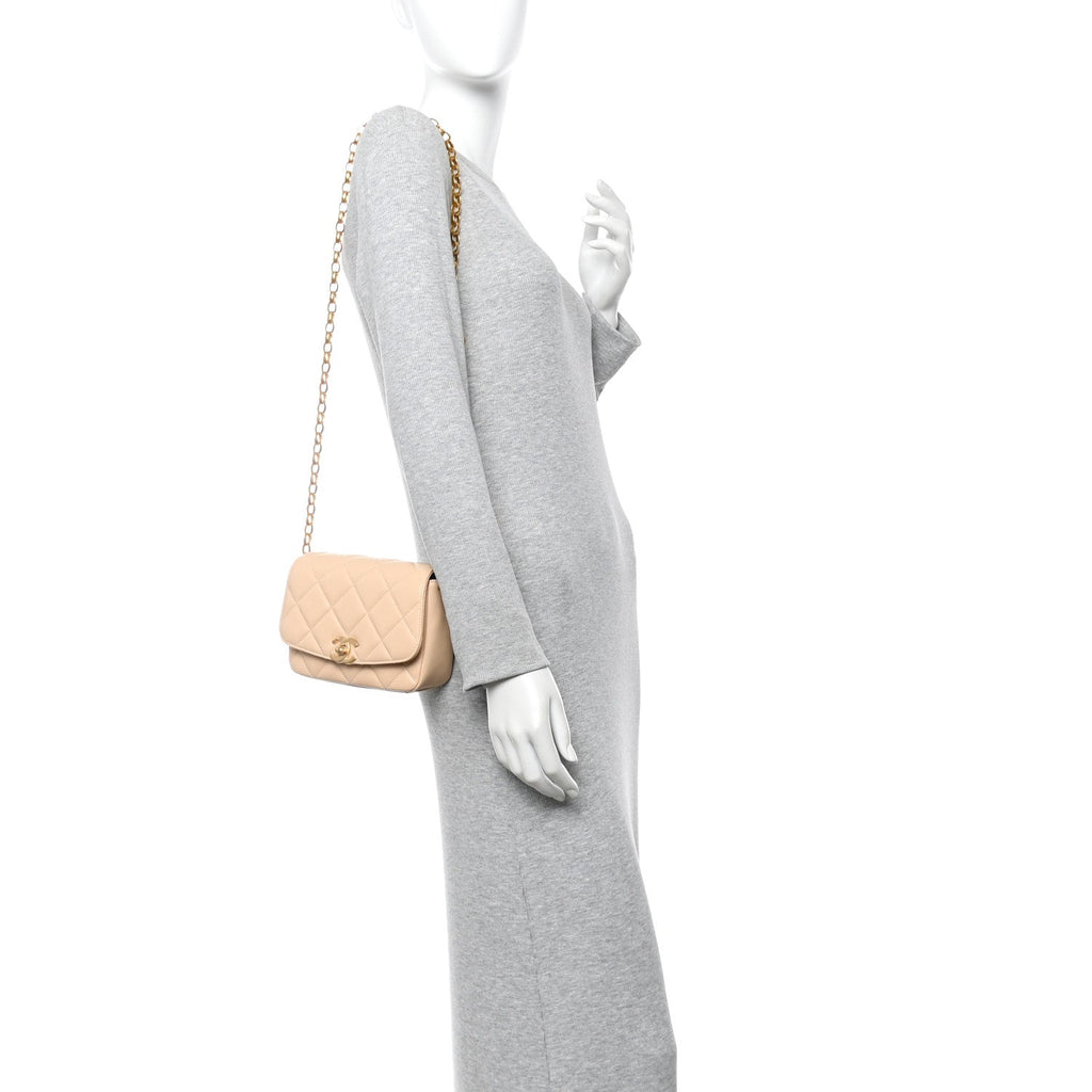 Chanel Lambskin Quilted CC Coin Flap Bag Beige