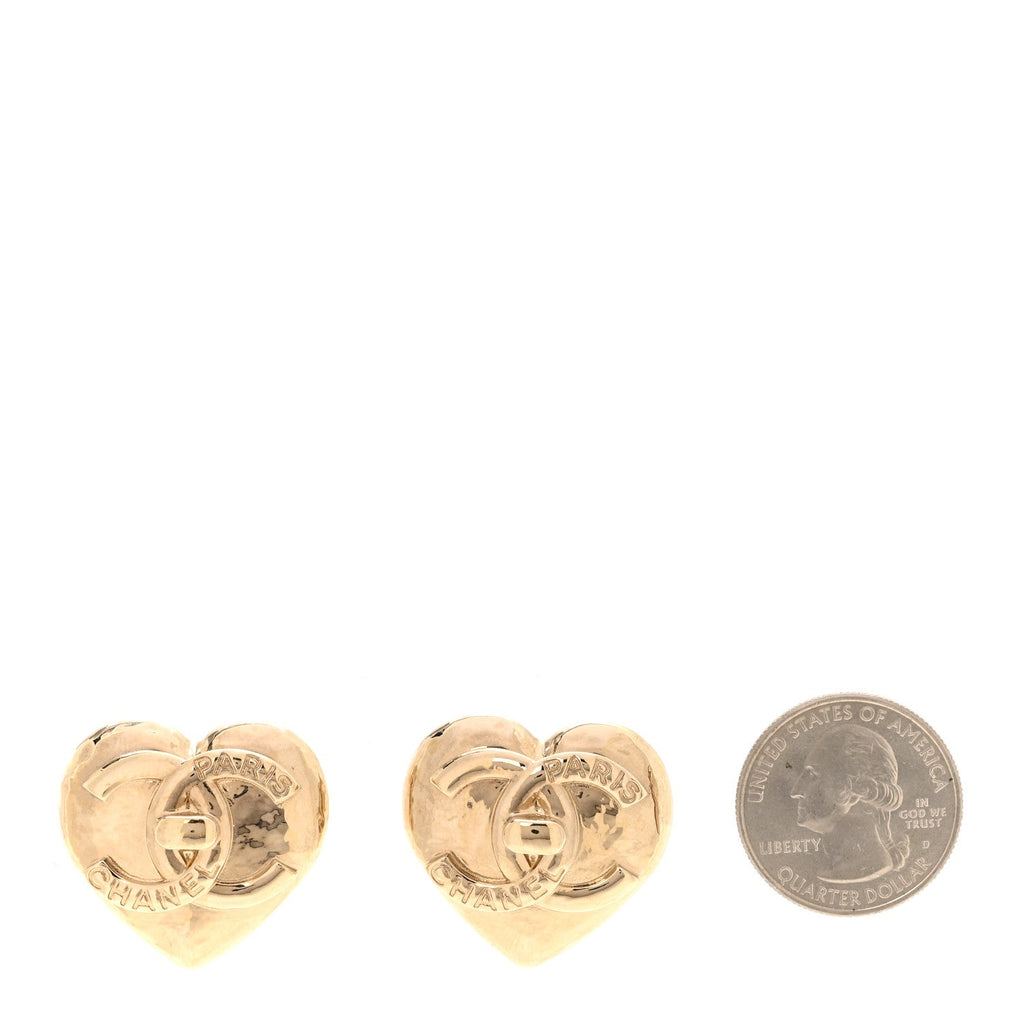 Metal CC Heart Turnlock Earrings Gold