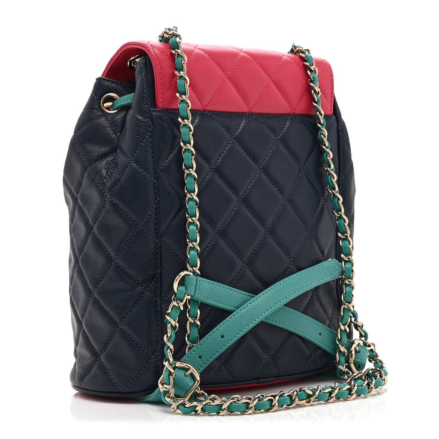 Chanel Goatskin Quilted Duma Drawstring Backpack Navy Turquoise Pink