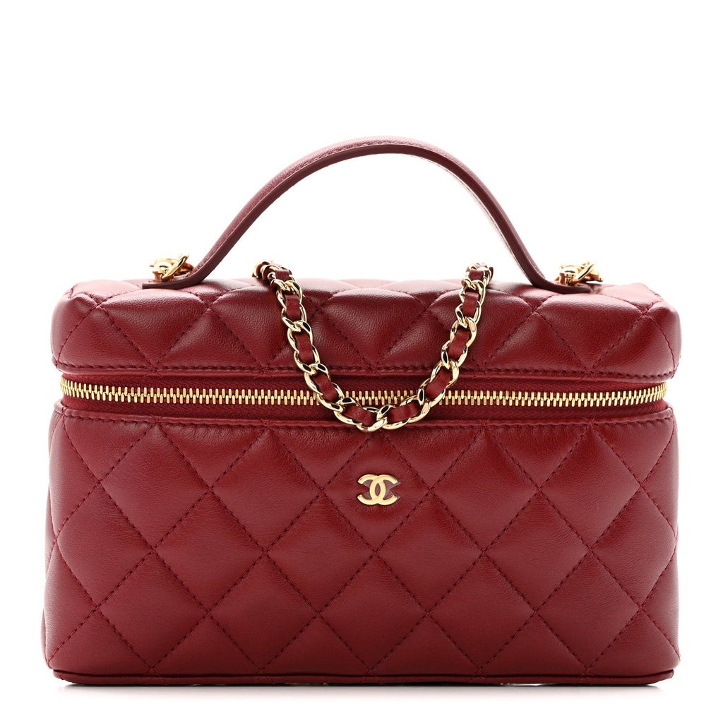Lambskin Quilted Top Handle Slim Vanity With Chain Burgundy