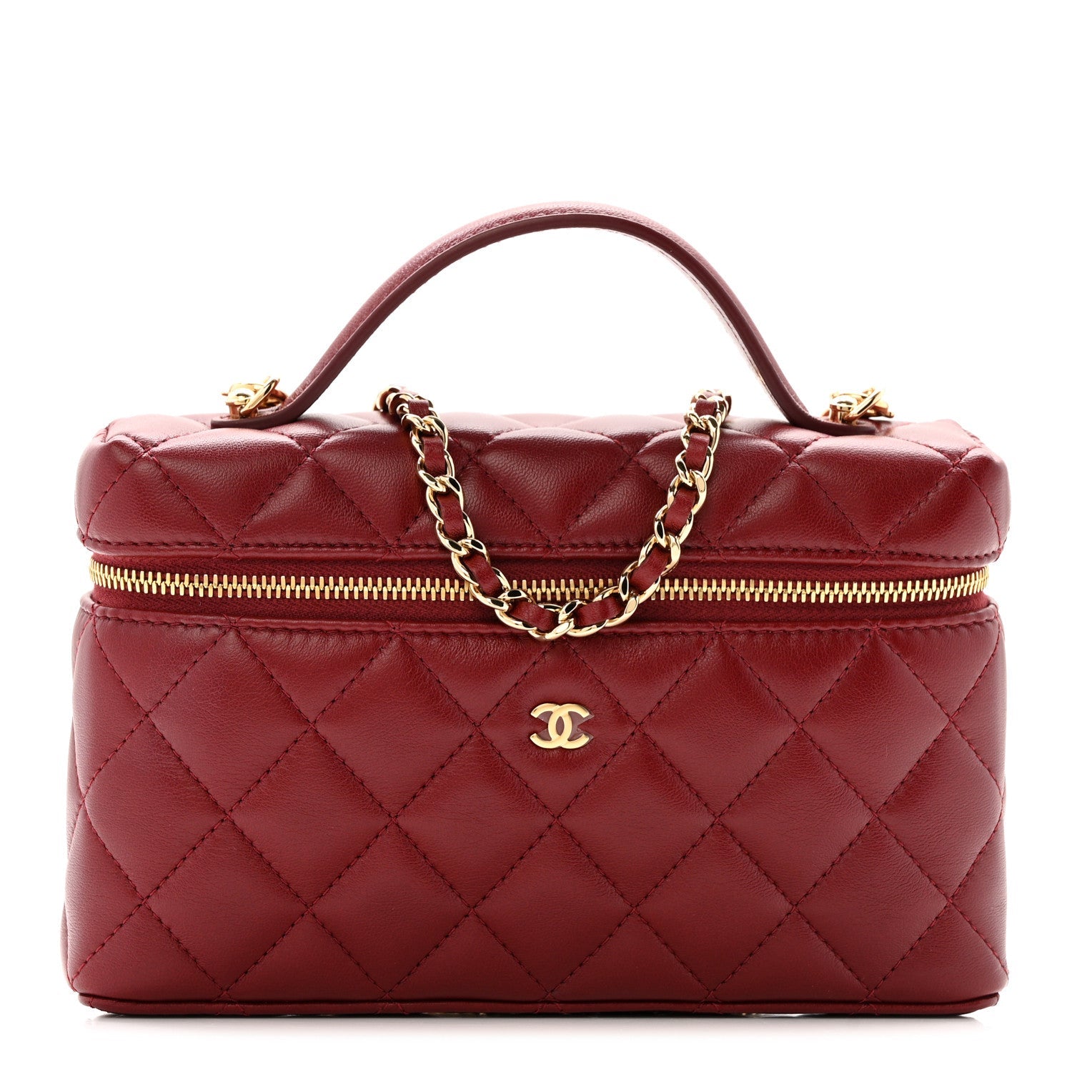 Lambskin Quilted Top Handle Slim Vanity With Chain Burgundy