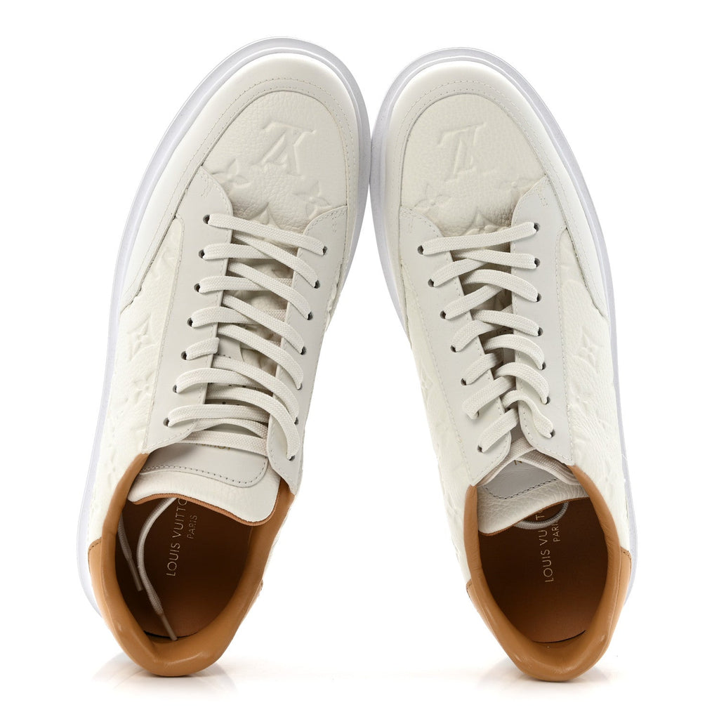 Louis Vuitton Grained Calfskin Embossed Monogram Mens Beverly Hills Sneakers 8.5 White
