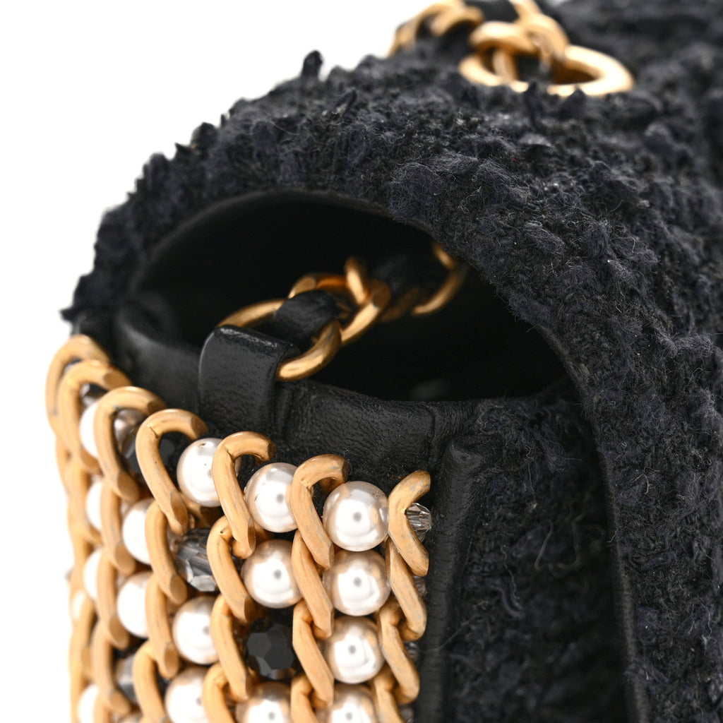 Chanel Tweed Quilted Mini Side Pearl Flap Bag Black
