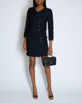 Chanel Black and Navy Tweed Jacket and Mini Skirt Set with Black and Silver Button Detail Size FR 34 (UK 6)