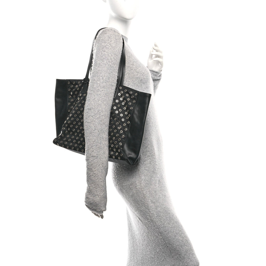 Prada Tessuto Nylon Calfskin Grommet Tote Black