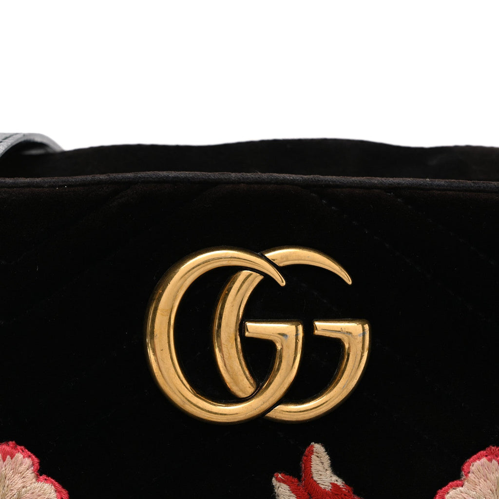 Gucci Velvet Matelasse Deer Embroidered Small GG Marmont Chain Shoulder Bag Black
