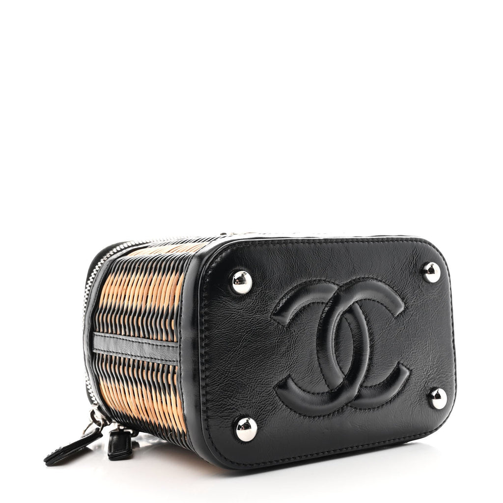 Chanel Calfskin Raffia Small Vanity Case Bag Black Beige