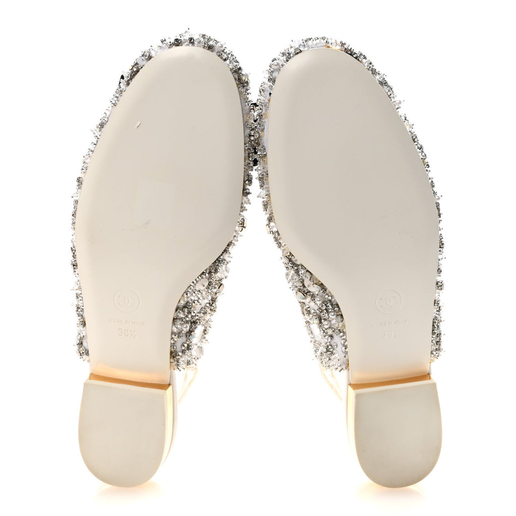 Satin Crystal Lambskin Grosgrain Bow CC Slingback Flats 38.5 White Black