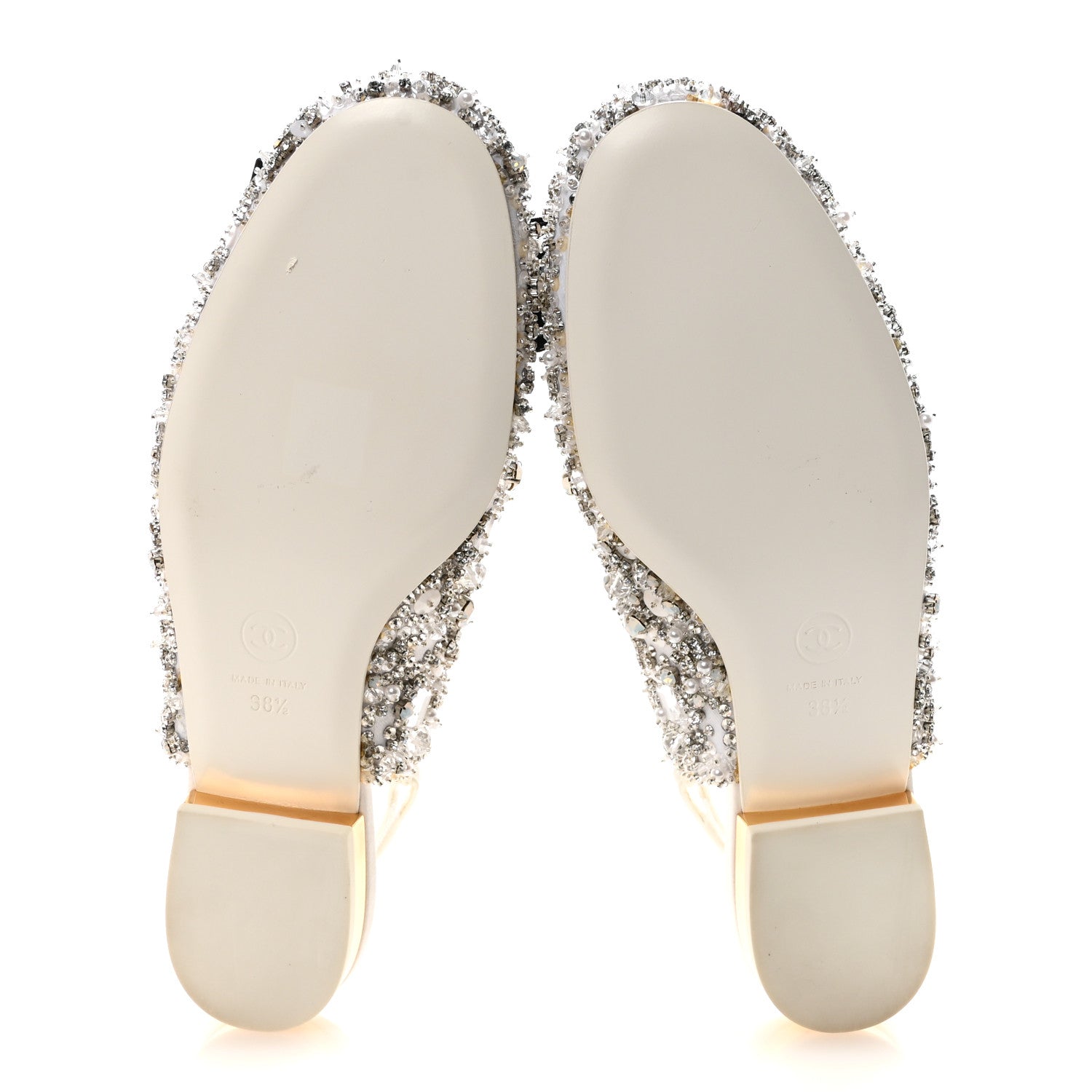 Satin Crystal Lambskin Grosgrain Bow CC Slingback Flats 38.5 White Black
