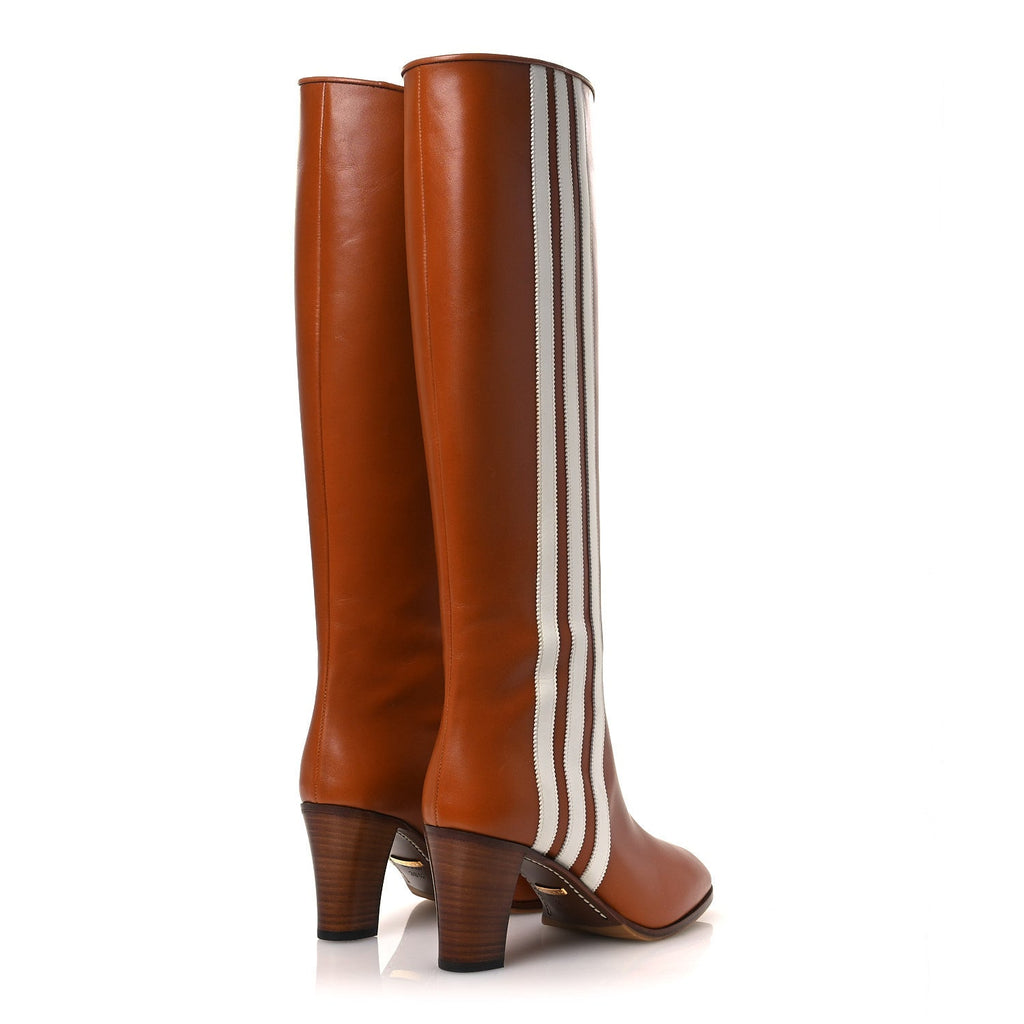 Gucci X ADIDAS Calfskin Elizabeth Knee Boots 38.5 Royal Cognac Great White