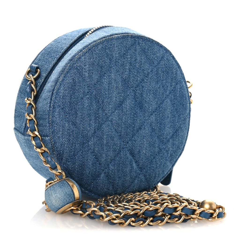 Chanel Denim Quilted Round Pearl Crush Clutch With Chain Blue