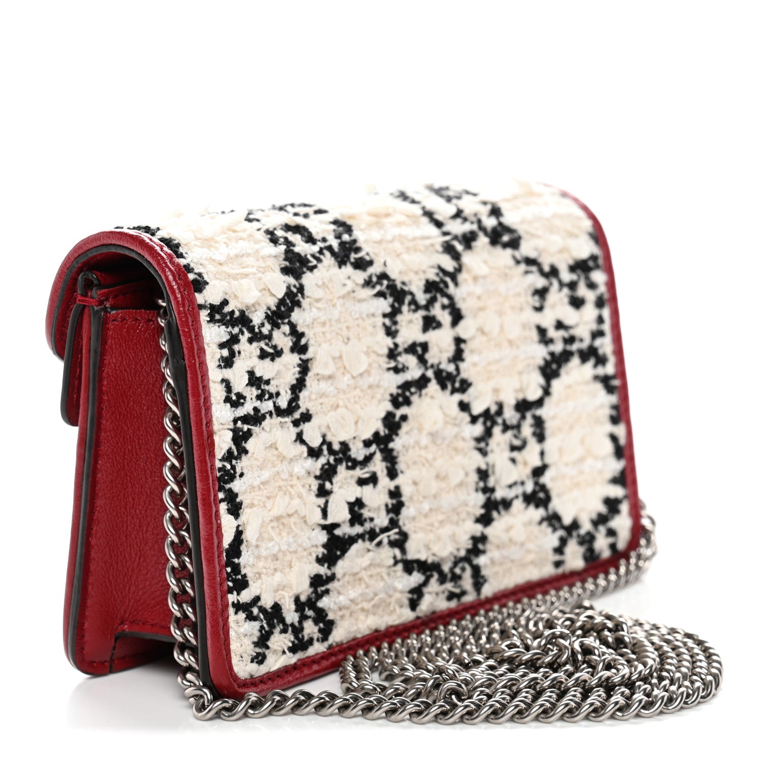 Gucci Tweed GG Monogram Super Mini Dionysus Shoulder Bag White Black Romantic Cherry