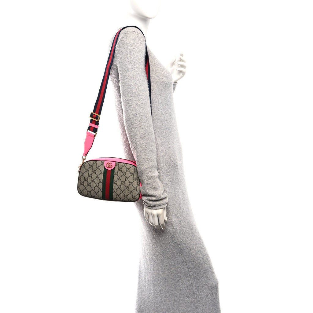 Gucci GG Supreme Monogram Textured Dollar Calfskin Web Ophidia Small Crossbody Bag Beige Ebony Fuchsia