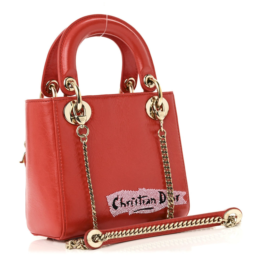 Christian Dior Calfskin Beaded Mini Lady Dior Rouge Multicolor