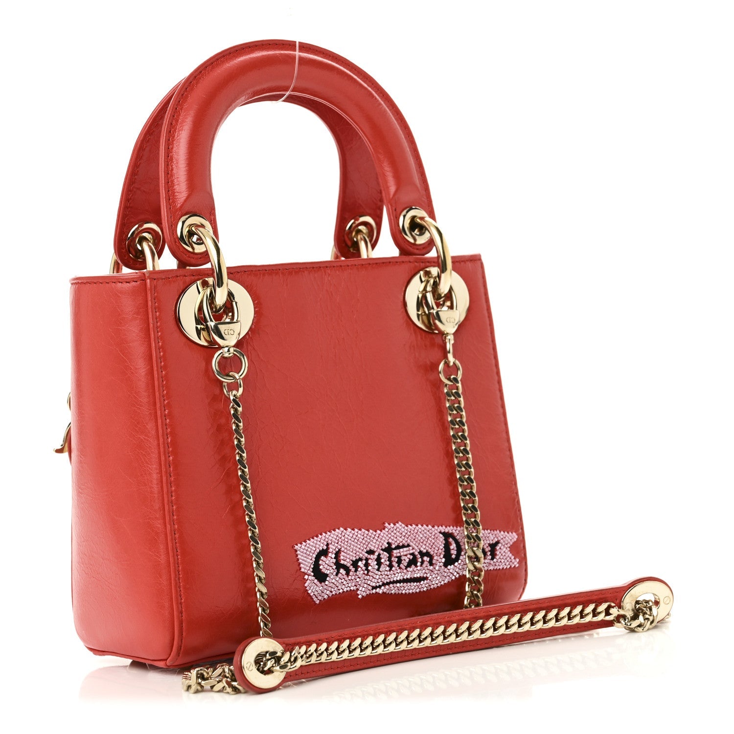 Christian Dior Calfskin Beaded Mini Lady Dior Rouge Multicolor