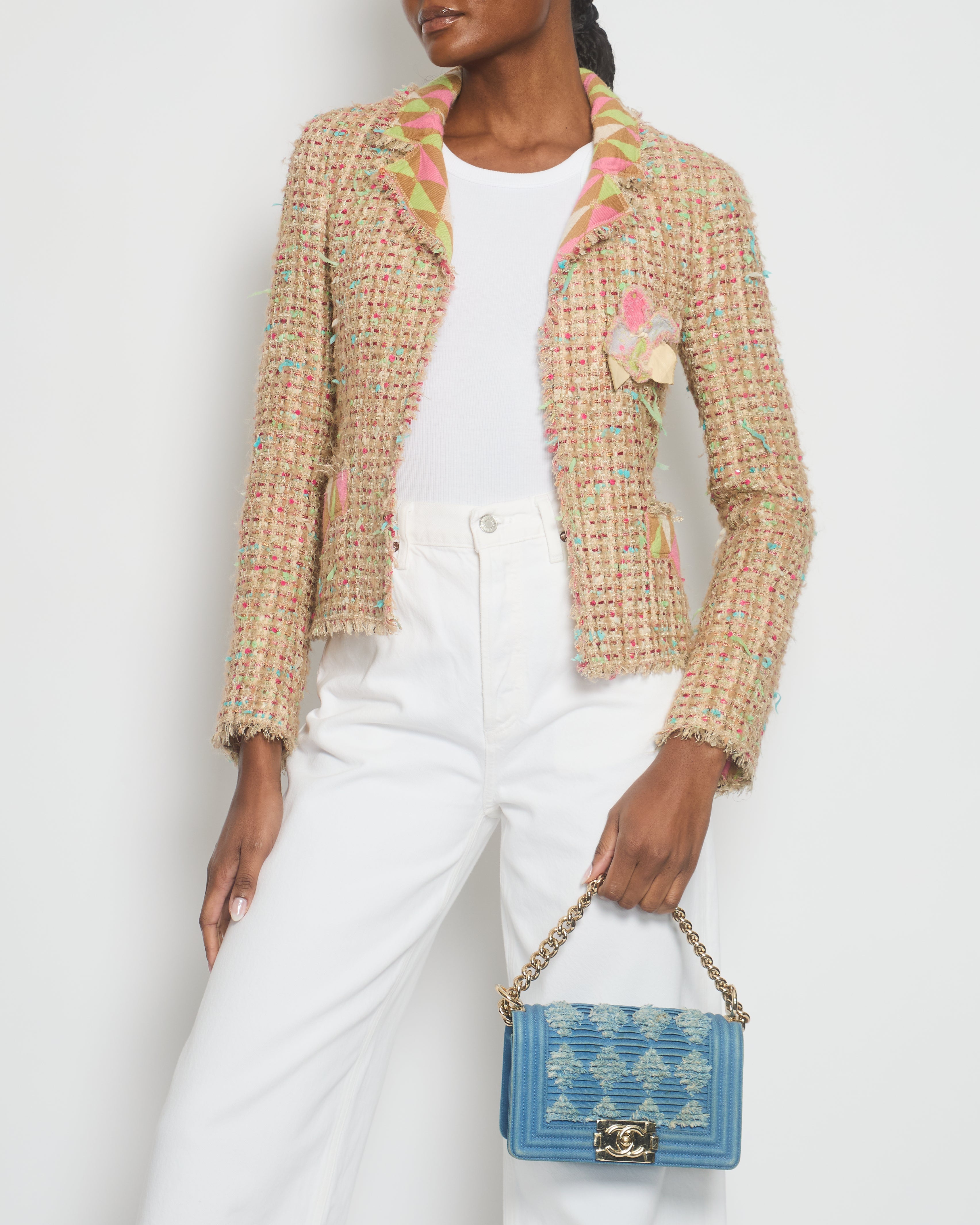 Chanel A/04 Pink, Cream Tweed Jacket with Sequin & Camellia Flower Pin Detail Size FR 36 (UK 8)