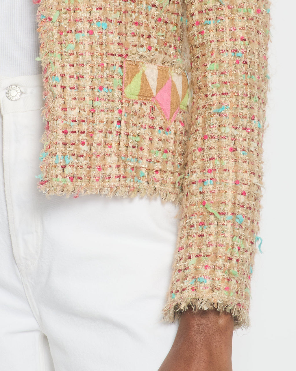 Chanel A/04 Pink, Cream Tweed Jacket with Sequin & Camellia Flower Pin Detail Size FR 36 (UK 8)