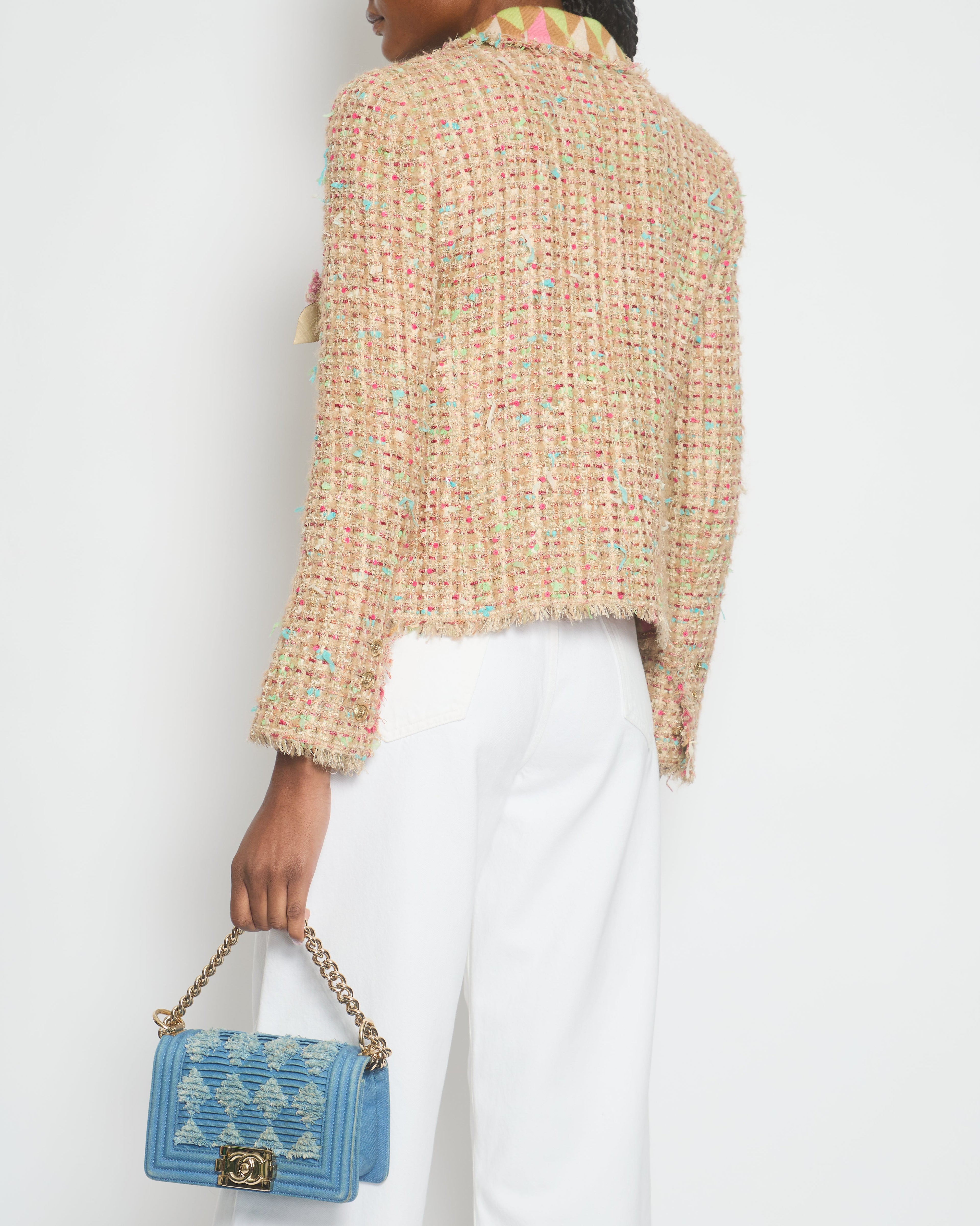 Chanel A/04 Pink, Cream Tweed Jacket with Sequin & Camellia Flower Pin Detail Size FR 36 (UK 8)