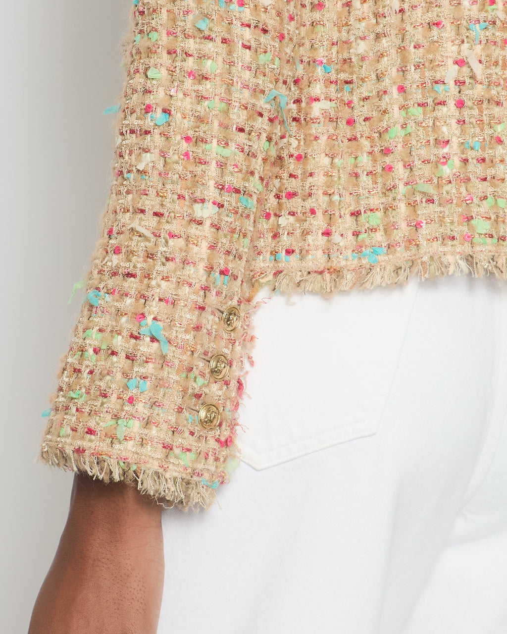 Chanel A/04 Pink, Cream Tweed Jacket with Sequin & Camellia Flower Pin Detail Size FR 36 (UK 8)