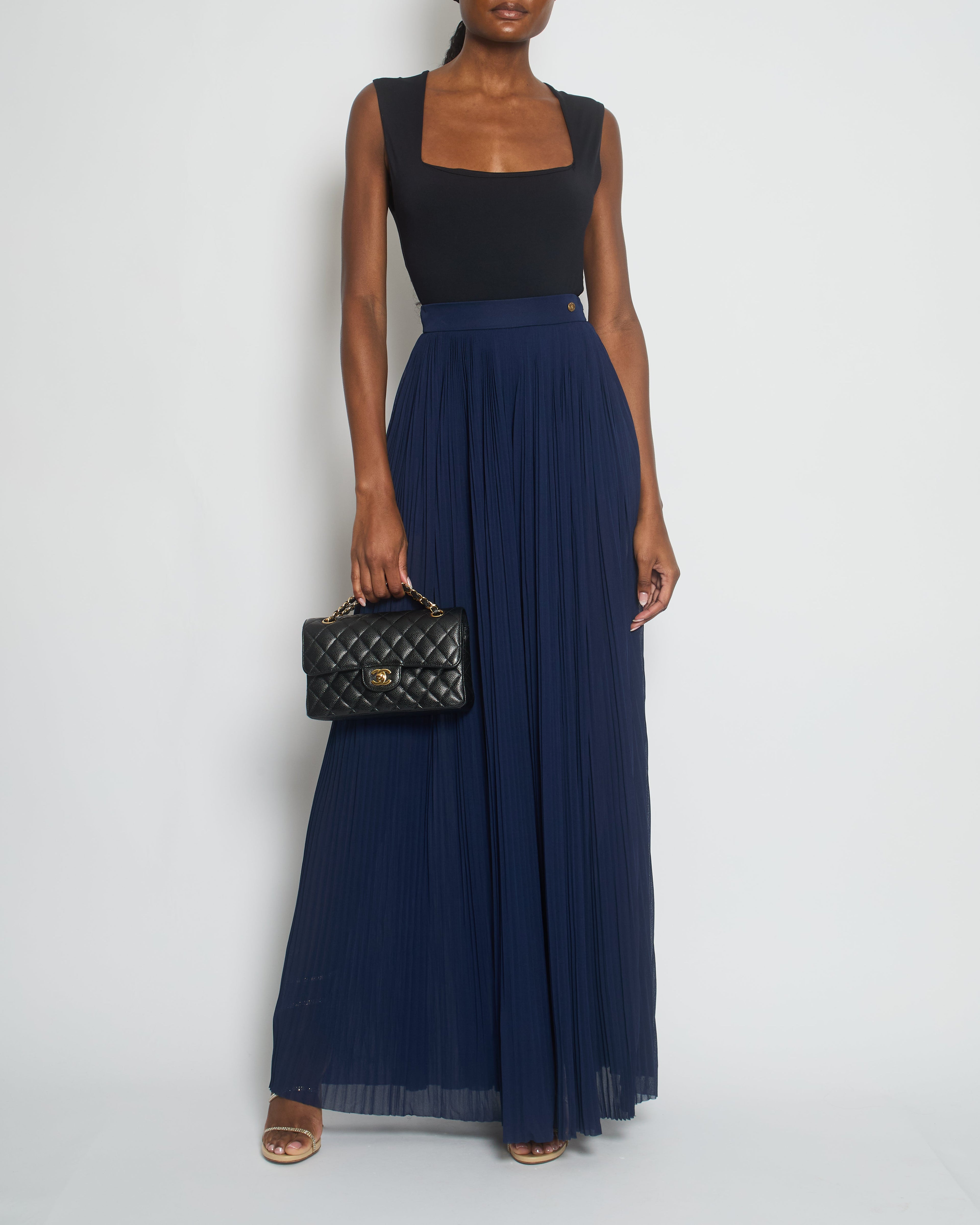 Chanel Navy Pleated High-Waist Trousers with CC Button Detail Size FR 34 (UK 6)