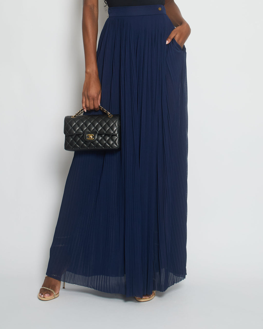 Chanel Navy Pleated High-Waist Trousers with CC Button Detail Size FR 34 (UK 6)